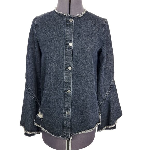 Robert Rodriguez Denim Shirt Jacket‎ Womens XS Black Ruffle Distressed Button Up - Picture 2 of 13